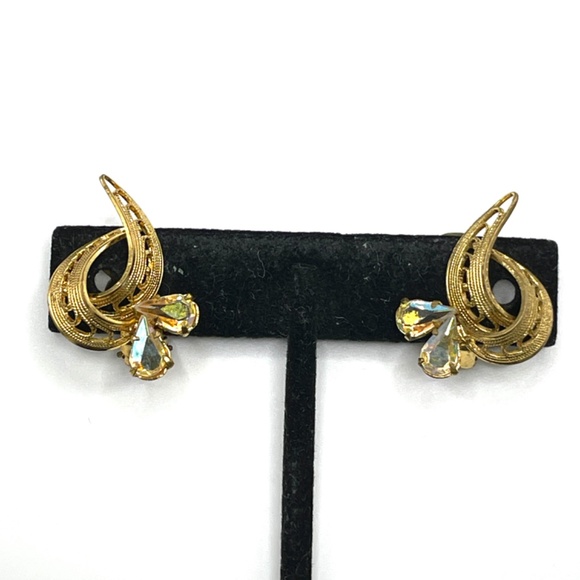 Vintage Germany Signed Gold Tone AB Rhinestone Necklace Clip-on Earring Set - Picture 4 of 13